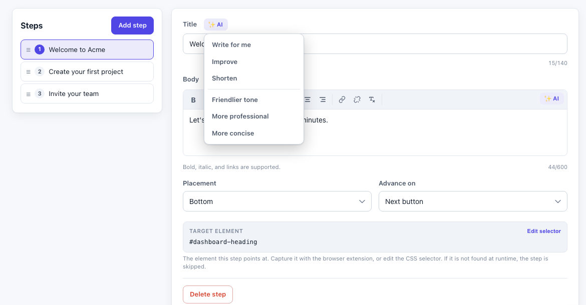 AI copywriting in the editor