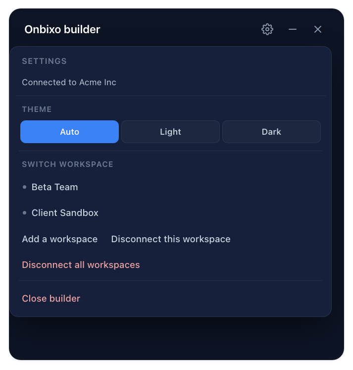 The extension settings menu