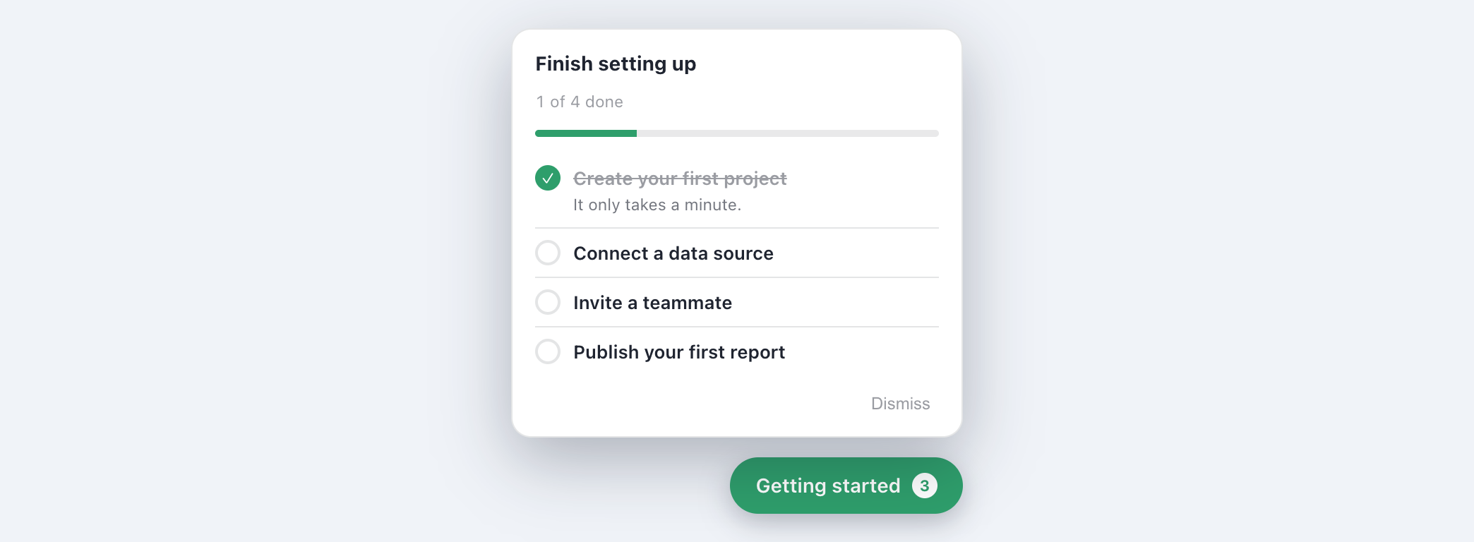 A checklist launcher: a progress bar, tick-off items, and the corner pill that opens the panel.