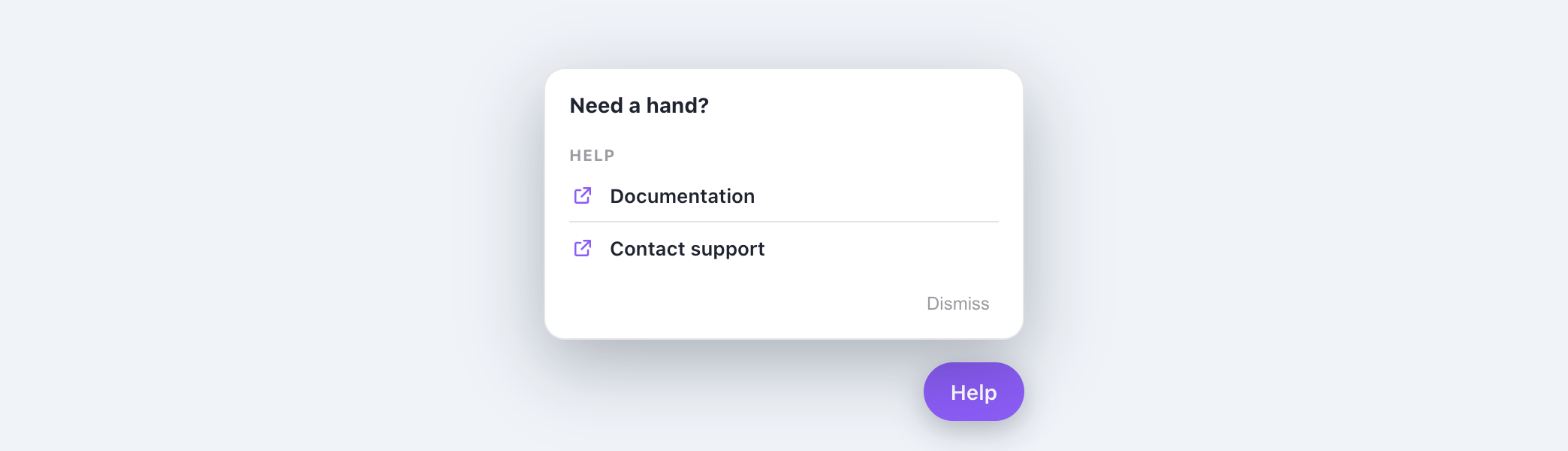 A resource center panel: a help hub with links and relaunchable flows, opened from a corner launcher pill.