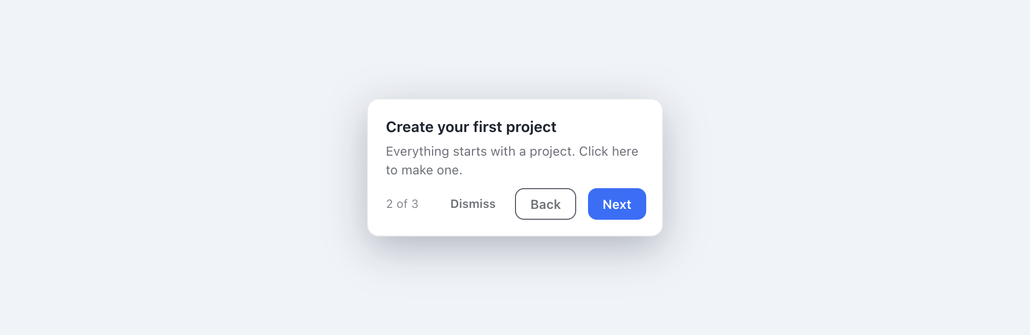 A tour step card: title, body, step indicator, and Back / Next controls, anchored to an element on your page.